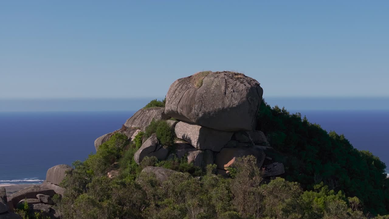 Unique Granite Rock Formations At The Penedos de Pasarela e Traba Route In The Costa da Morte Region Of Galicia, Spain. Aerial Ascending Shot