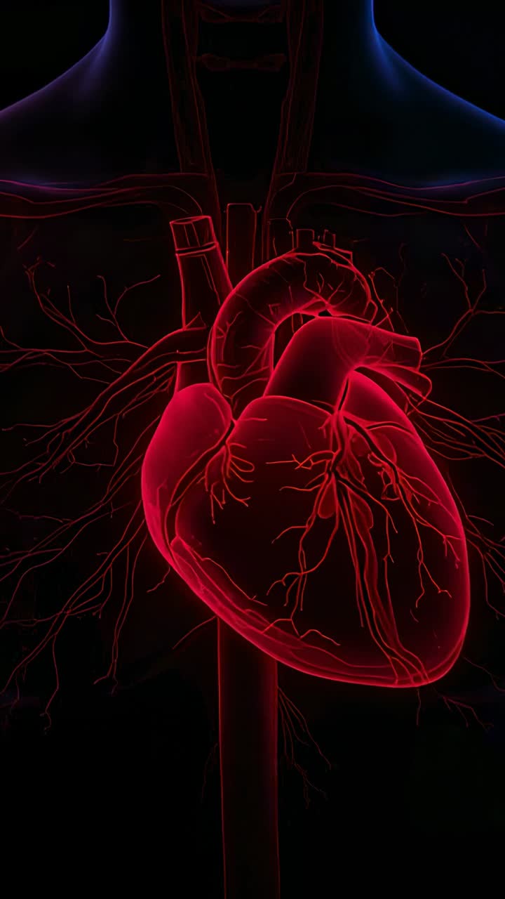 Video verticale: Avanzamento fotogrammi che pulsano, cuore inclinato nel busto, illuminazione dei vasi coronarici
