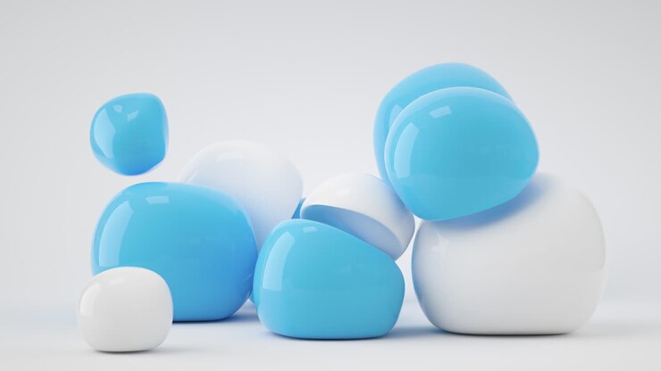 Soft balls falls and bounces, 3d rendering.