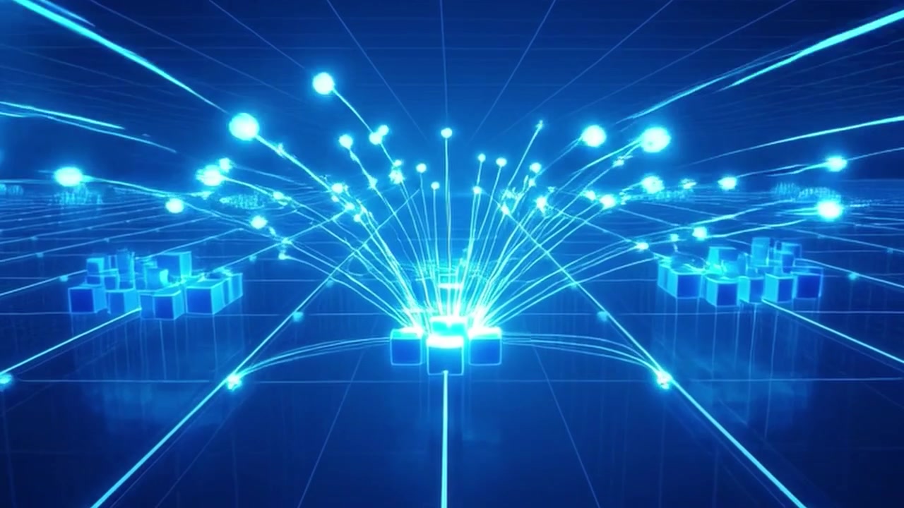 Digital Data Network Connecting Glowing Cubes in Virtual Space