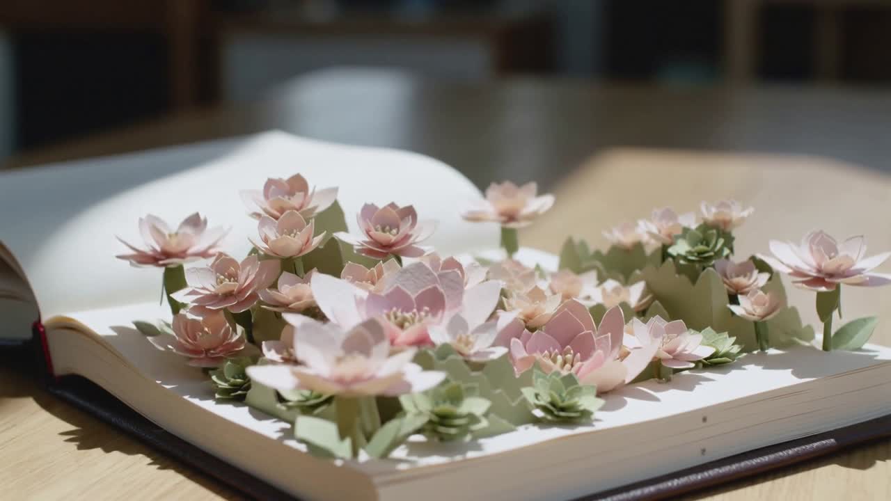 ページをめくると、手作りのポップアップブックから紙の花が開き、木製の机の上の多肉植物が庭の景色を現す。