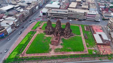 aerial view of an ancient temple in a city