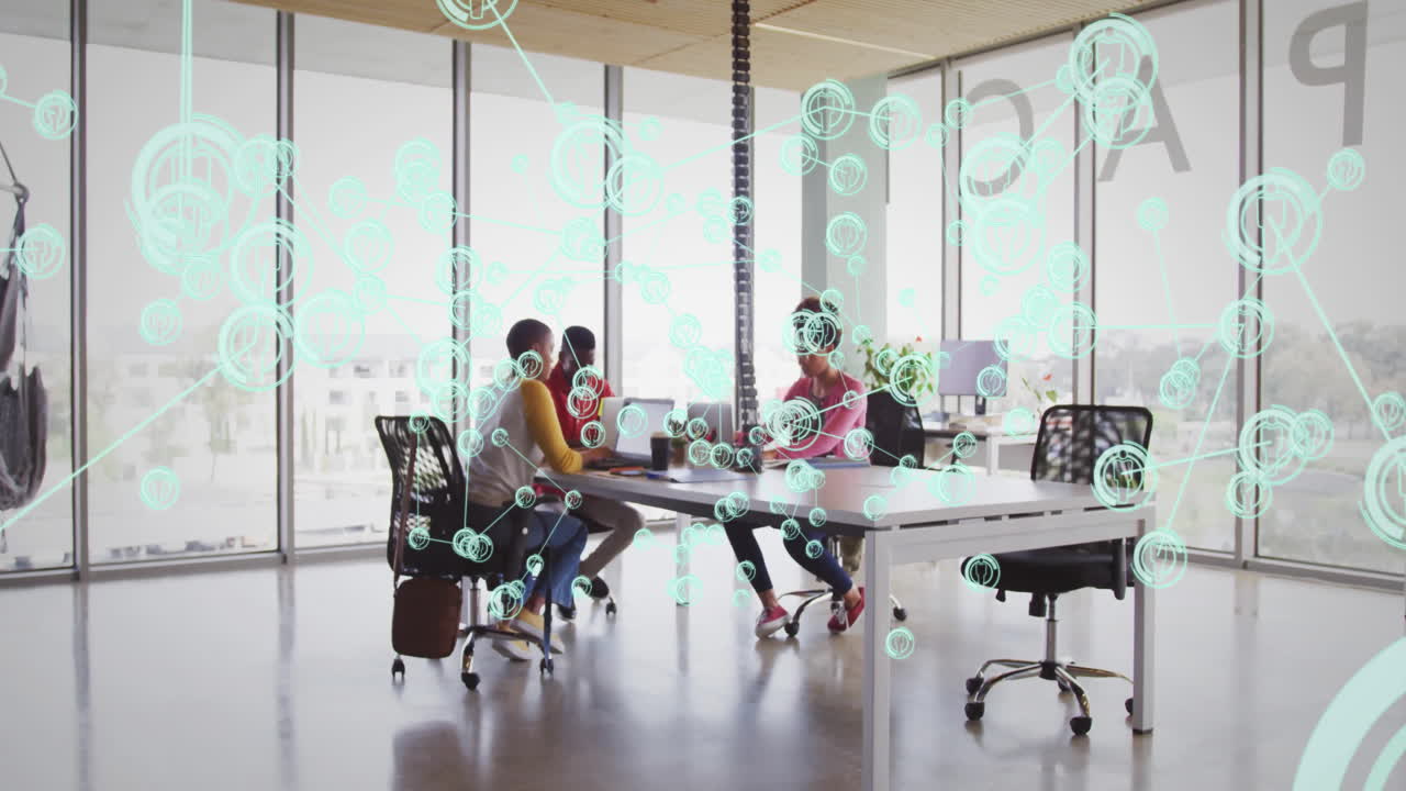 Network of connections and data processing animation over business meeting in office