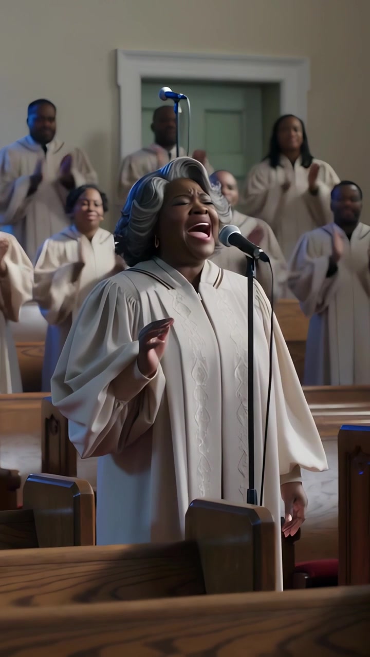 Vertical video: Choir clapping soloist in robe singing gospel at church gesturing and ending at mic