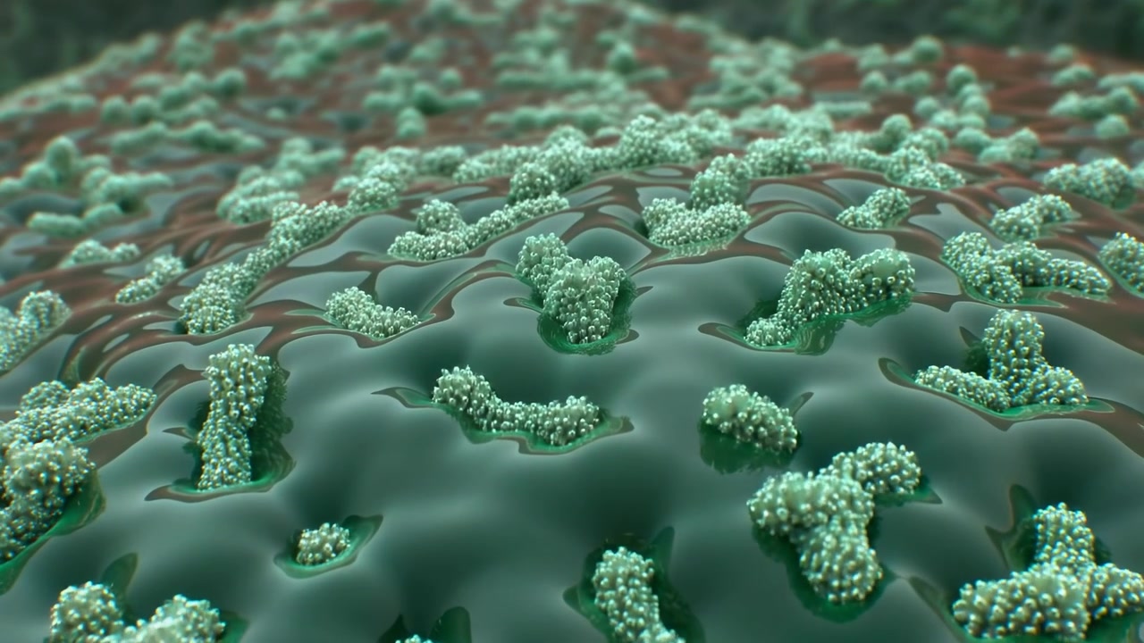 Numerosi piccoli grappoli sferici poggiano su una superficie riflettente ondulata mentre il colore cambia gradualmente dal verde attraverso toni neutri al rosso in una vista ravvicinata e poco profonda