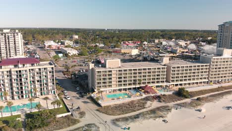 aerial drone above myrtle beach, houses and harbor