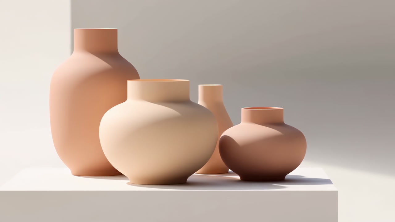 Ceramic Vases On White Plinth Soft Natural Light Casts Warm Shadows Over Beige Terracotta Vessels Clean