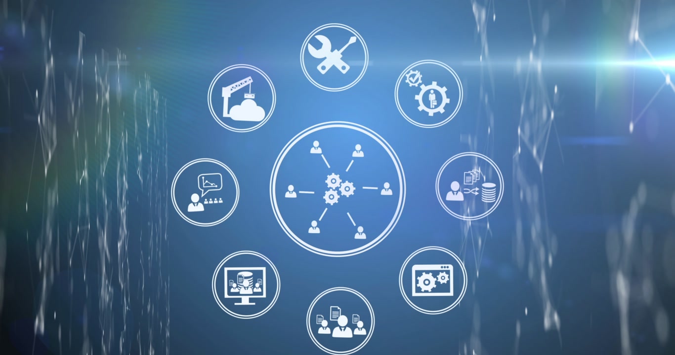 Animation of digital interface over icons and caucasian icons over server room