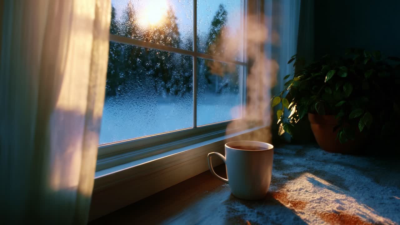 A Cozy Morning Scene with a Steaming Coffee Cup on a Frosty Windowsill, Illuminated by the Golden Glow of Sunrise Through the Frosted Glass, Creating a Warm and Inviting Ambiance