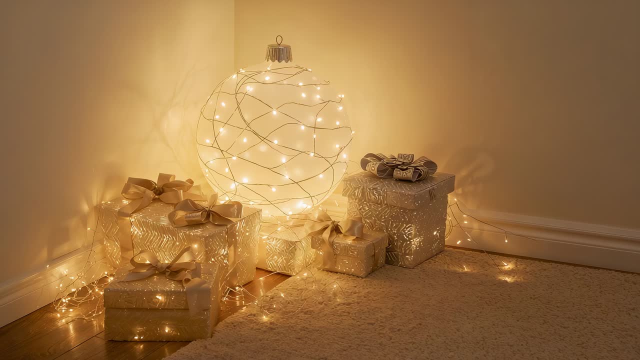 Telecamera che zooma su un angolo accogliente della stanza per evidenziare un ornamento sferico illuminato e regali dorati.