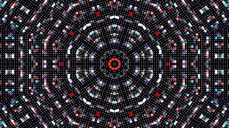 circle shape set of dots wave motion, colorful, on black background