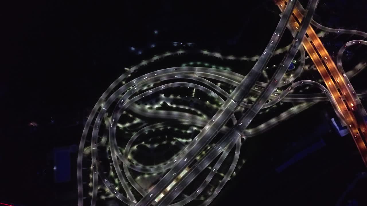 City Night View Of Guangzhou Interchange With Cars Travelling In Guangdong, China.  - aerial drone