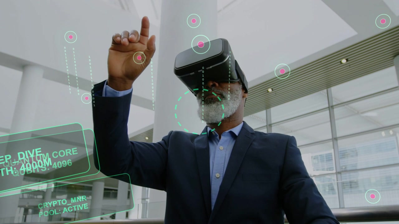 Vertical video: Tech holograms appearing, senior man in VR sweeping, pointing nodes, viewing data