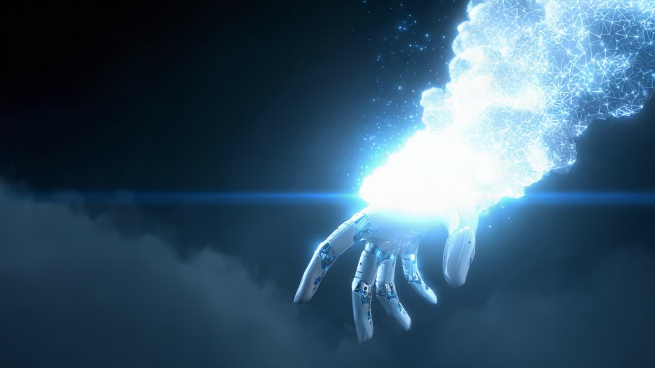Exploring the Convergence of Humanity and Technology: A Futuristic Robotic Hand Releasing a Cosmic Cloud of Digital Particles into the Ether, Symbolizing Innovation and the Future of Human-Machine Interaction