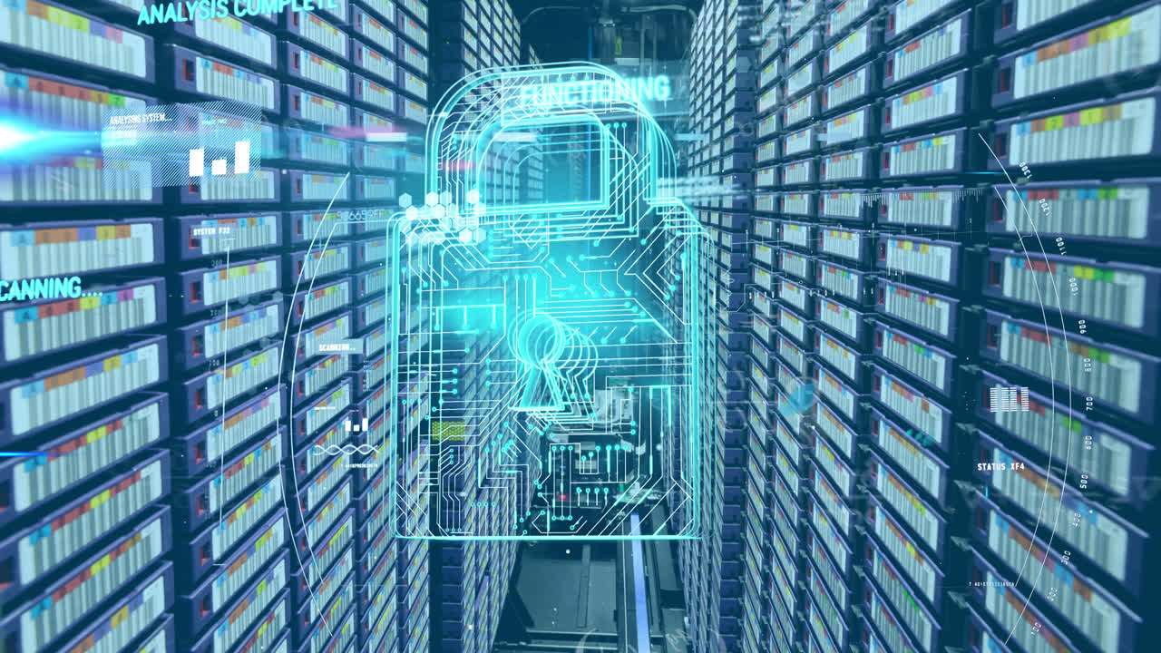 animación del icono del candado y procesamiento de datos en la sala del servidor.