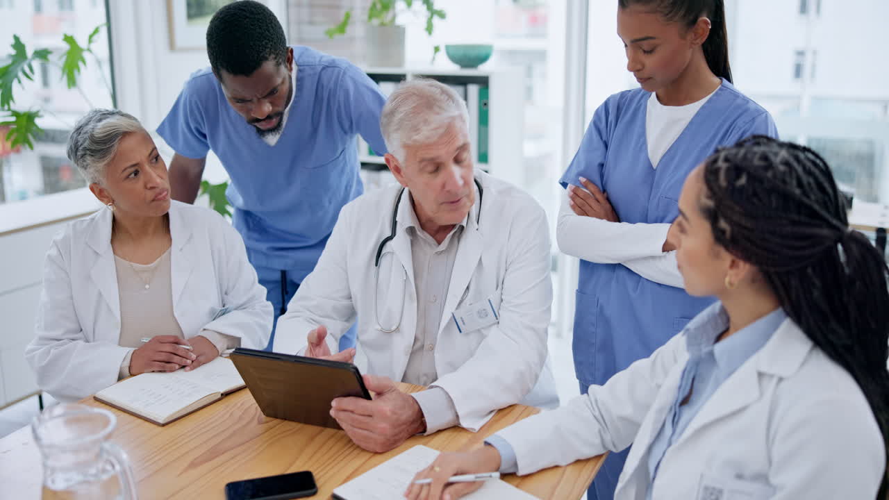 People, doctor and teamwork in meeting on tablet