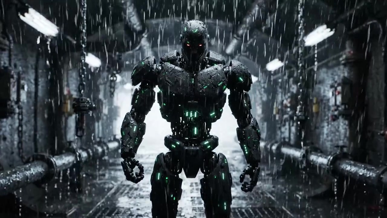 Una figura robotica futuristica si erge in un ambiente industriale buio e piovoso, mostrando design e tecnologia avanzati con elementi luminosi e illuminazione drammatica.