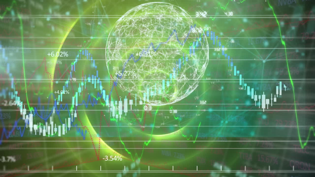 검은색 배경에 움직이는 세계 지도 위의 데이터 처리 애니메이션