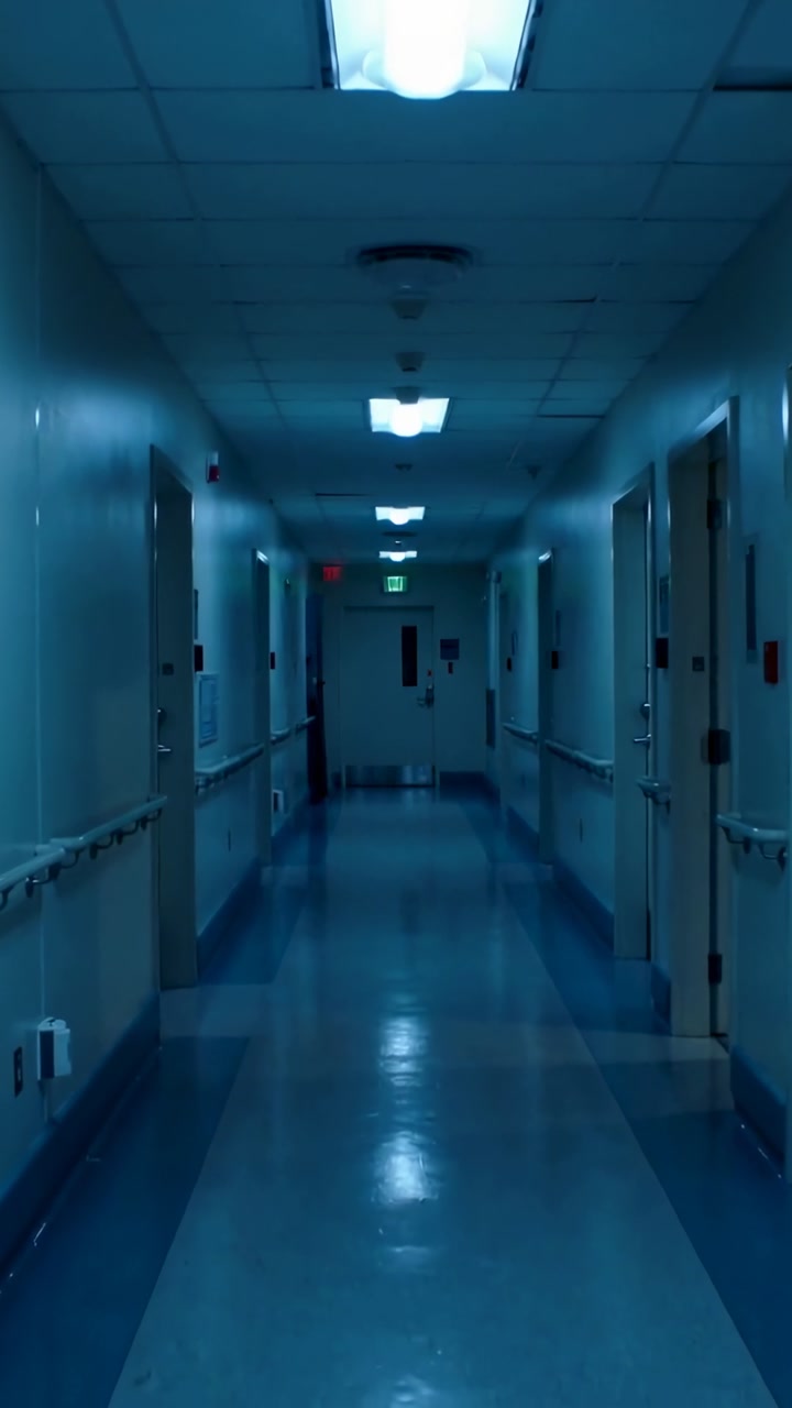 Vertical video: Camera panning forward through hospital corridor revealing distant exit with rails