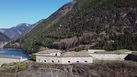 Aerial-clip-of-a-fort-of-the-First-World-War,-with-a-close-up-on-the-buildings-and-the-wall