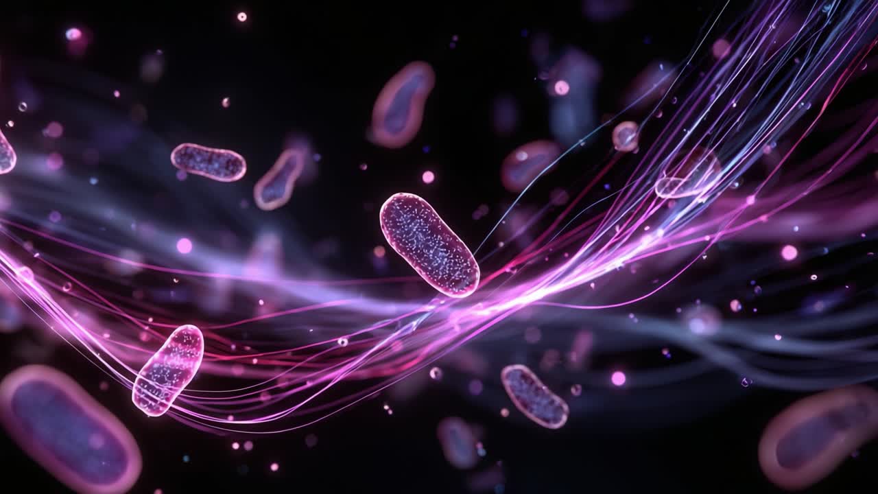 Esplorando le interazioni dinamiche della vita microbica attraverso vibranti strutture cellulari in un enigmatico regno digitale di bioattività colorata ed energia fluente.