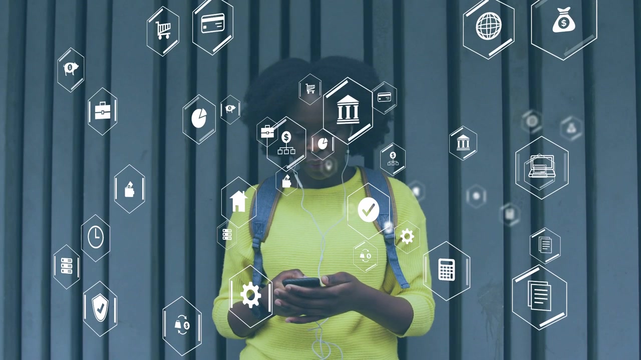 Commuter woman tapping phone by slat wall, generating hex AR icons around torso, accessing transit