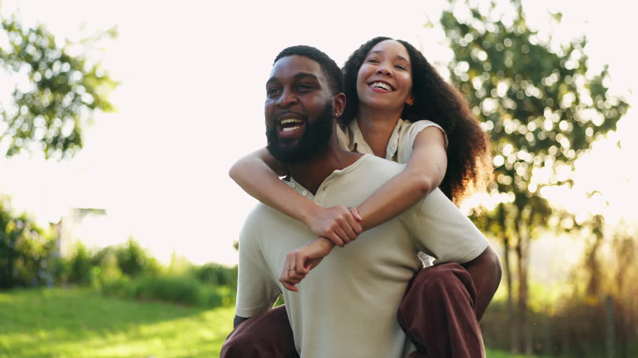 Piggy back, happy and couple in nature for bonding