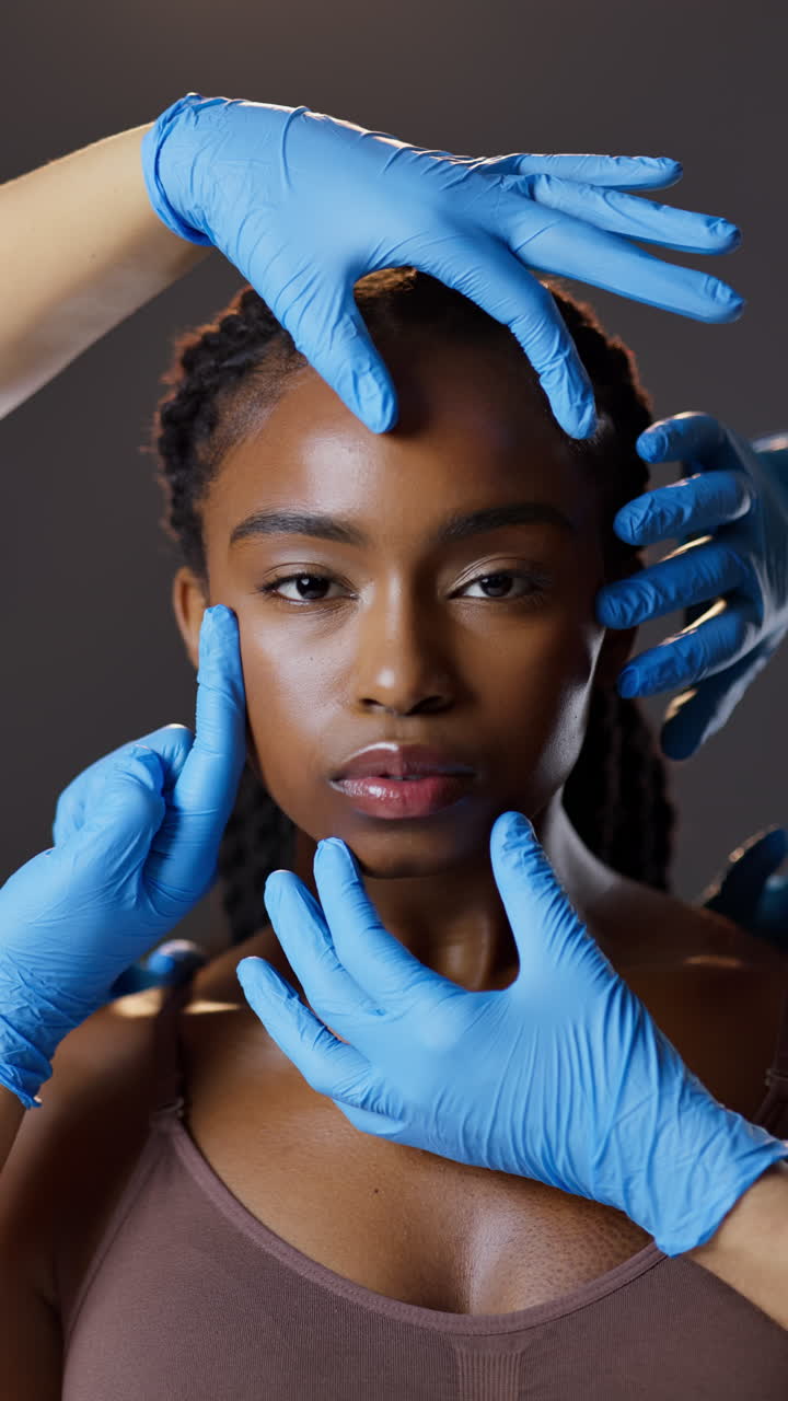 Woman undergoing a cosmetic procedure with gloved hands