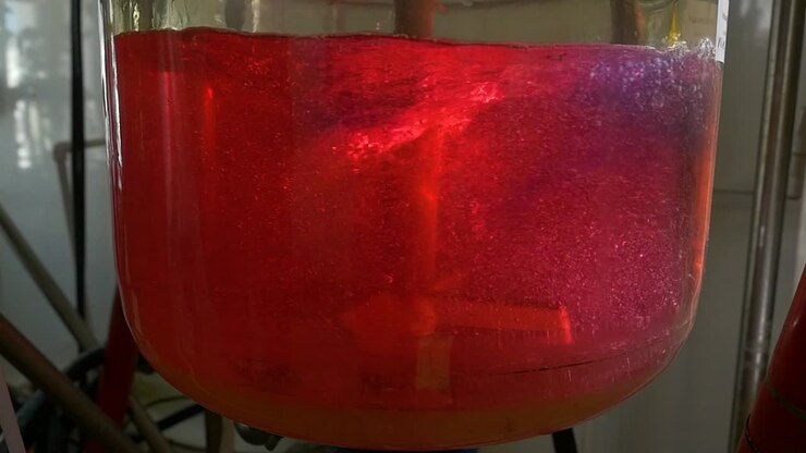Esperimento con liquido rosso in un becher