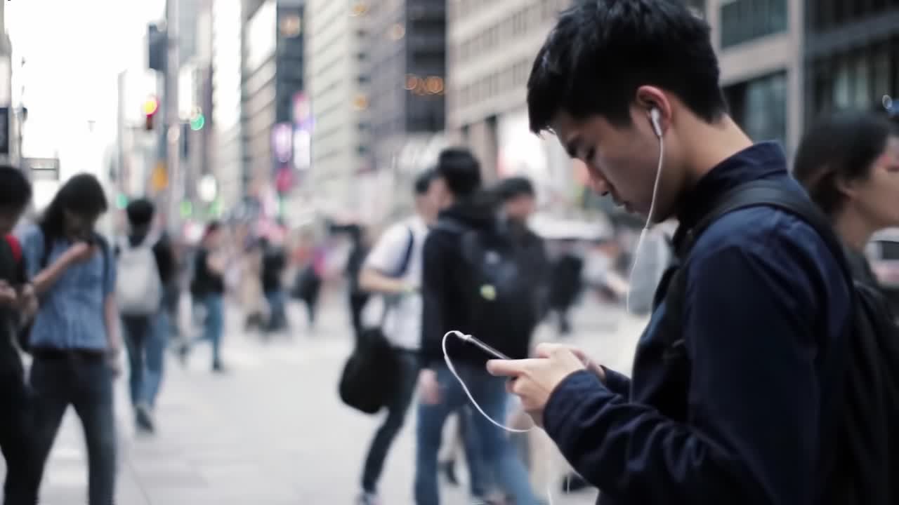 A Busy Urban Scene Captured in Two Frames: The Focus of a Young Man Engaged with His Smartphone Amidst a Crowded City Street