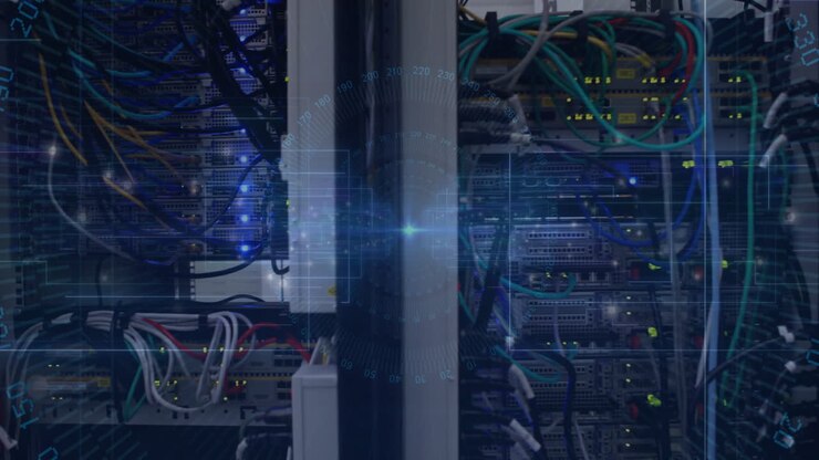 Network rack being animated in 3D render, showing blinking LEDs and HUD overlay elements