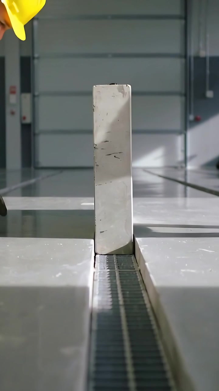 Vertical video: Approaching trench, 2 crew seating block in warehouse in hi-vis jackets and helmets