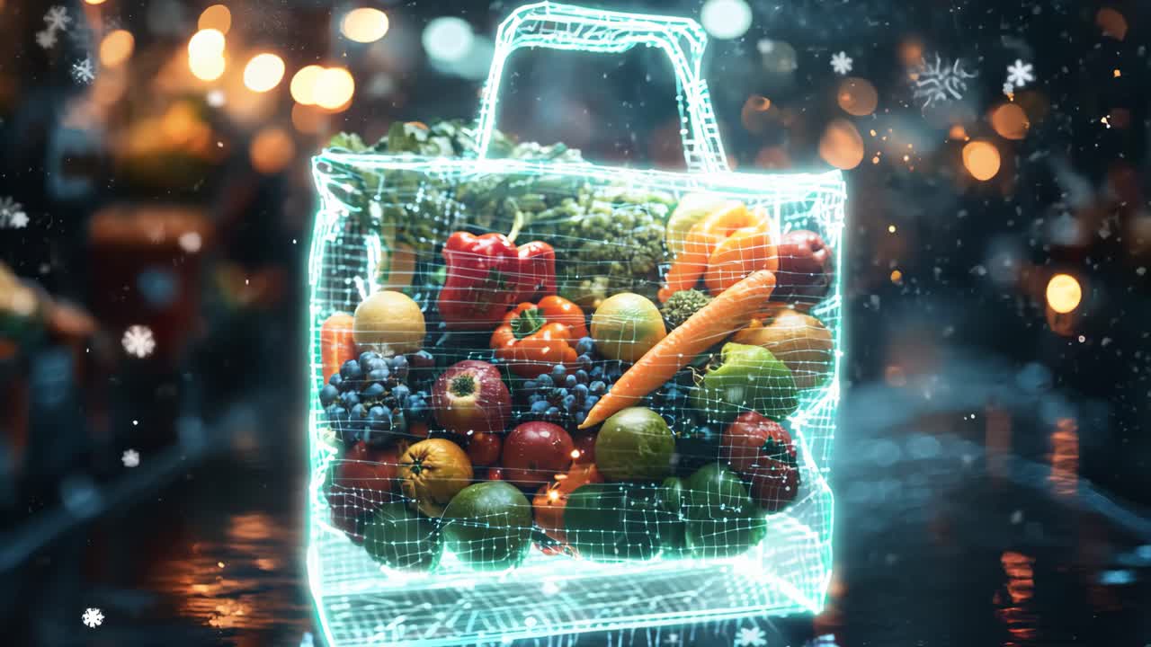 A bag of fruits and vegetables is shown in a blurry, dreamy way. The bag is filled with apples, oranges, and carrots. Concept of freshness and abundance