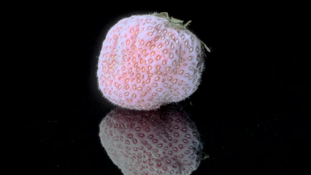 검은색 유리판에 냉동 된 딸기, 검은색 배경, 360도 회전, 클로즈업