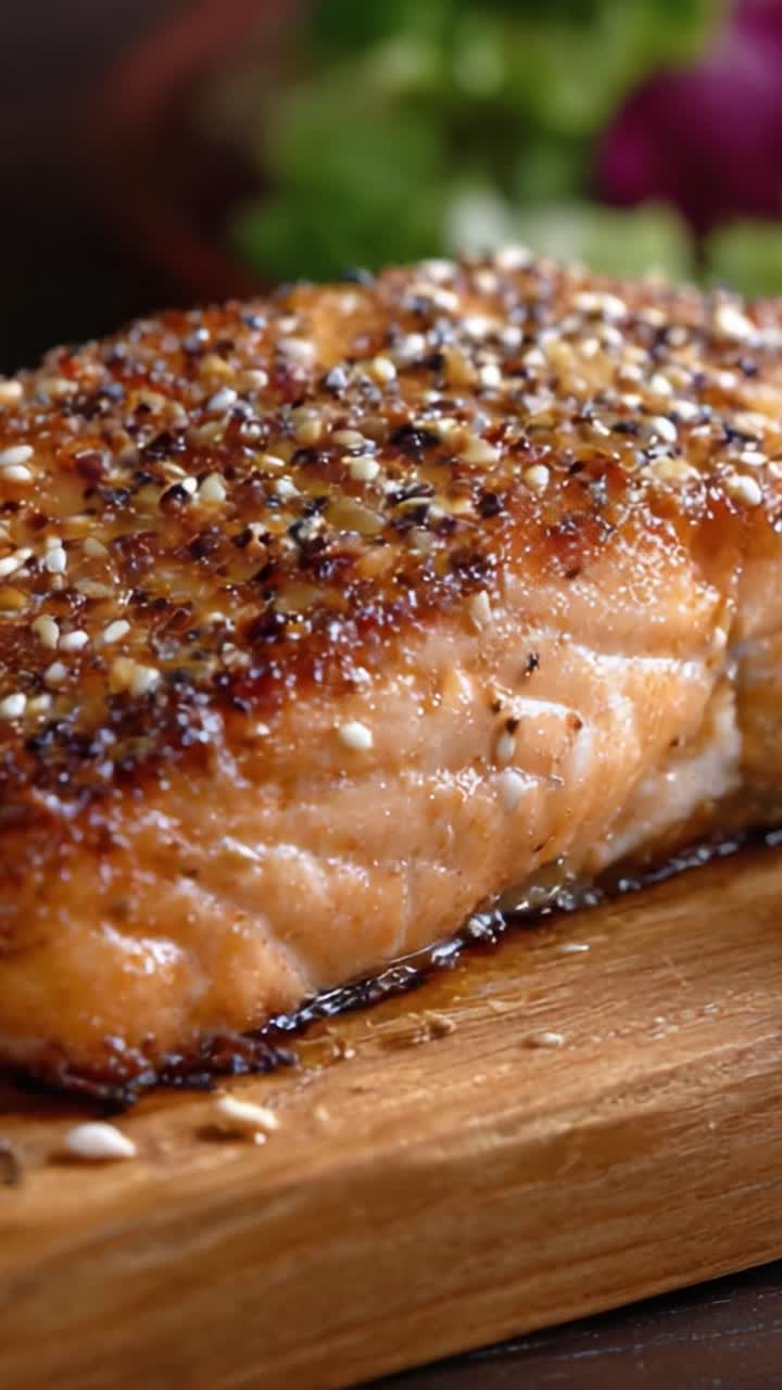 Filetto di salmone alla griglia deliziosamente glassato con miele e sesamo, perfettamente caramellato e servito su un rustico tagliere di legno con guarnizioni fresche e verdi