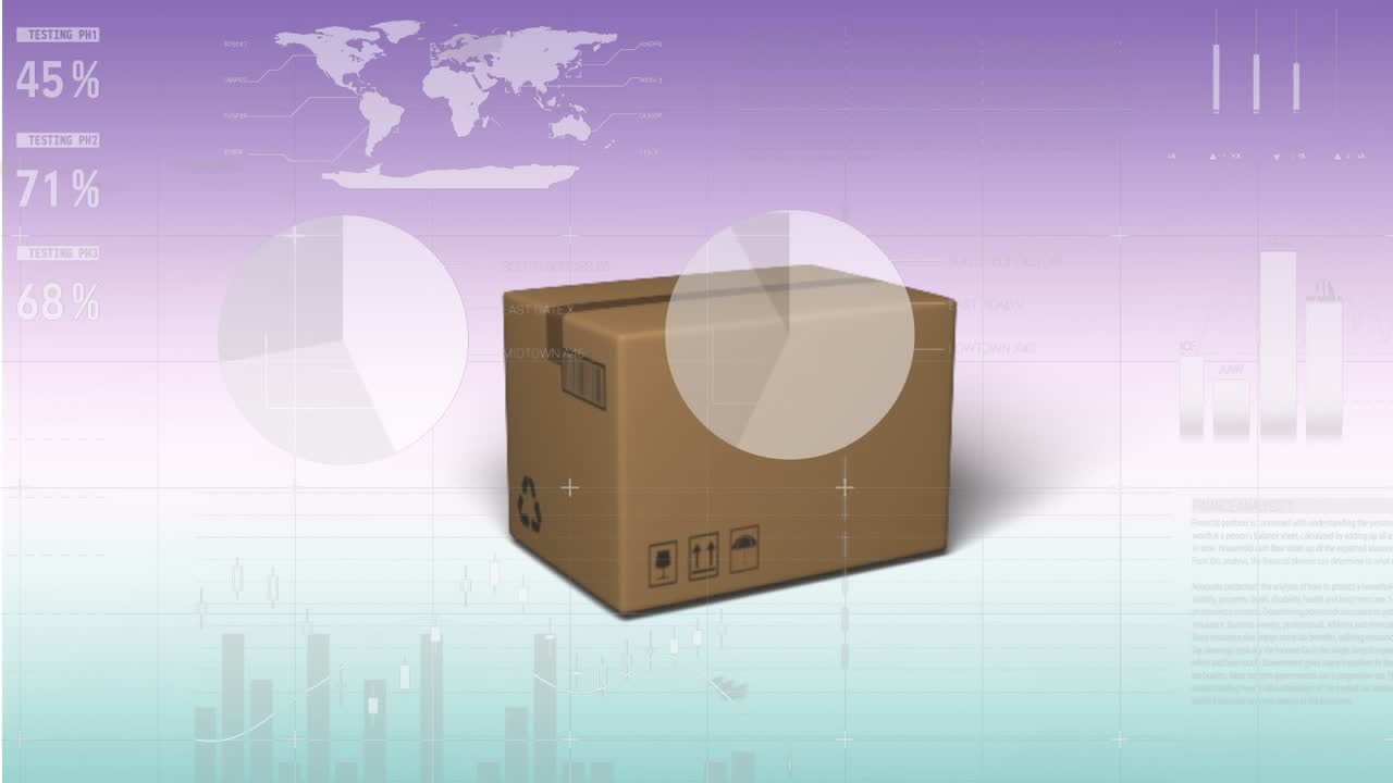 그래디언트 배경에 떨어지는 배달 상자 위의 통계 데이터 처리의 애니메이션