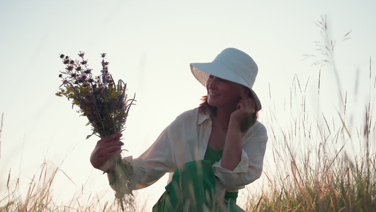young lady with soft expression holds wildflower bouquet close to face while admiring vibrant petals under warm sunlight in peaceful field surrounded by calm air and gentle golden
