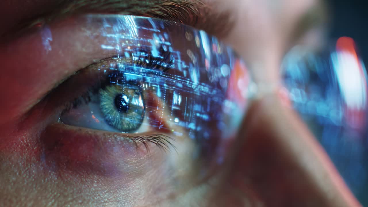 A Close-Up of a Person's Eye Wearing Augmented Reality Glasses with Digital Displays Reflecting Innovative Technology and Data Visualization, Emphasizing the Future of Human-Computer Interaction