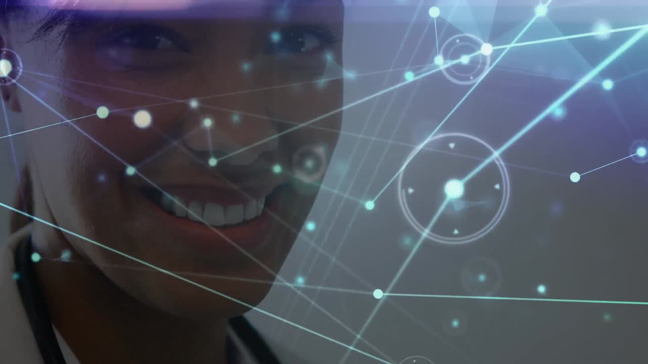 red de conexiones sobre el retrato de una mujer médica afroamericana sonriendo en el hospital