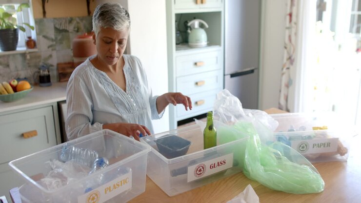 Focused senior biracial woman segregating waste at home, slow motion