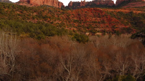 Mountain-valley-with-forest-at-Sedona,-Arizona---establishing-shot,-aerial-landscape-tilt-up