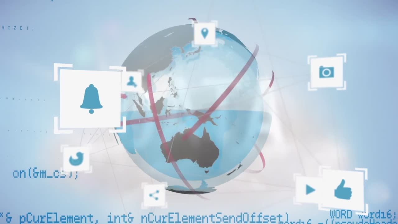 아이콘의 애니메이션, 데이터 처리 및 파란색 배경에 지구