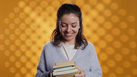 cheerful woman happy to receive stack of books from friend, excited to read them