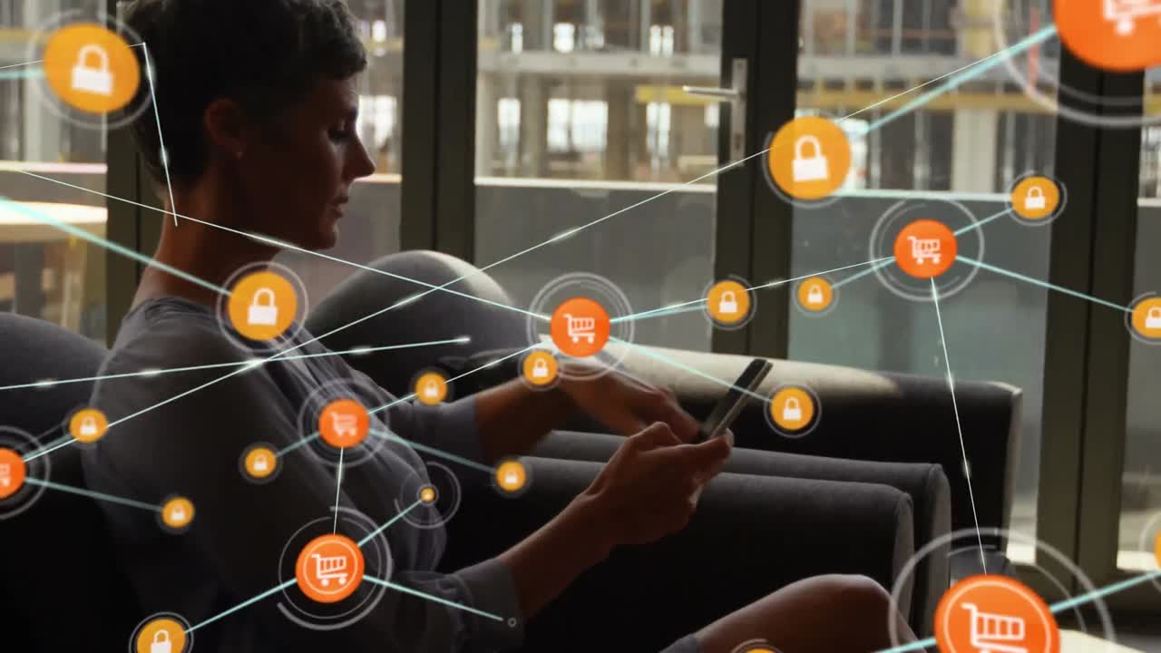 스마트 폰을 사용하여 코카시안에서 쇼핑 카트 아이콘과 연결 네트워크의 애니메이션