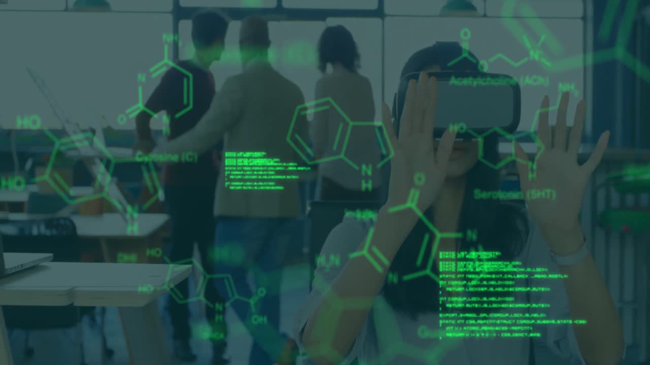 사무실에서 vr 헤드 ⁇ 을 착용하는 백인 여성에 대한 과학적 데이터의 애니메이션