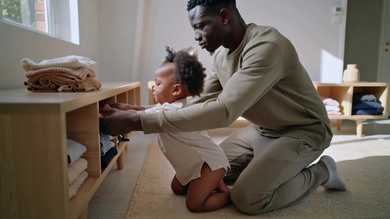 Offering cloth father wearing olive set guiding toddler in romper reaching cubby at home helping