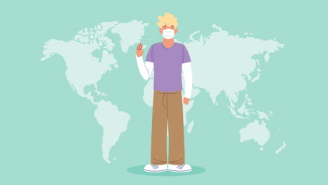 man wearing a mask in front of a world map