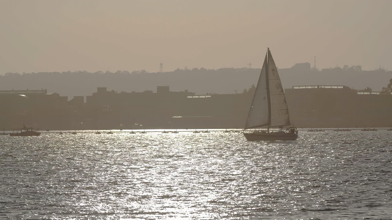 Sailboat on the Ocean with City Skyline in Background