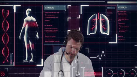 Digital-interface-with-medical-data-processing-against-portrait-of-male-doctor-wearing-phone-headset