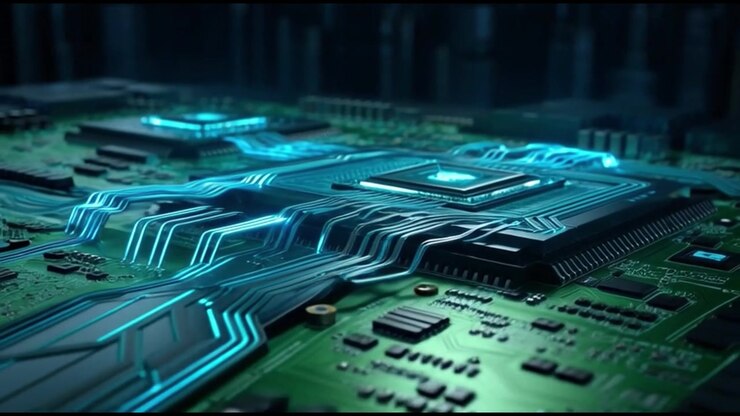 Dati digitali che scorrono attraverso un circuito stampato di computer